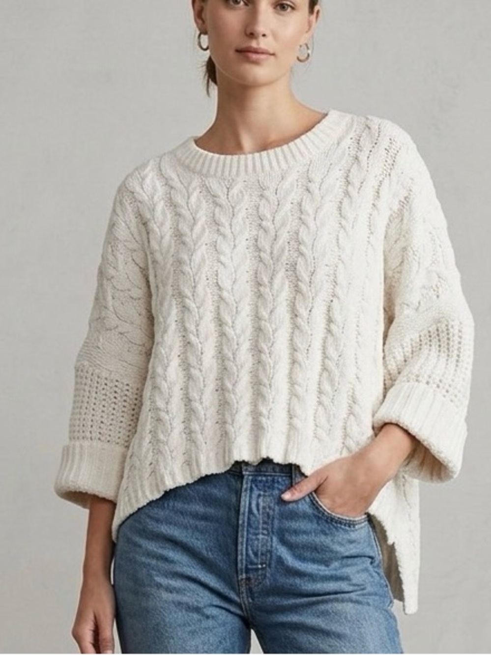 POL Oversized Chunky Cable Knit Chenille Sweater in Ivory Women’s Size  S